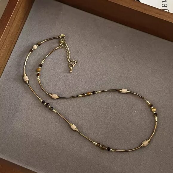 Faux Tiger Eye Pendant Beaded Necklace Personalized Collarbone Vintage Necklace - Picture 4 of 4